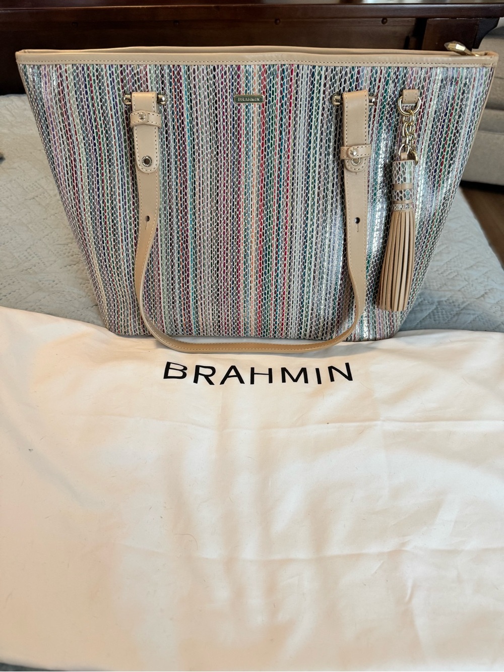 Brahmin Striped Multicolor Tote with Beige Trim